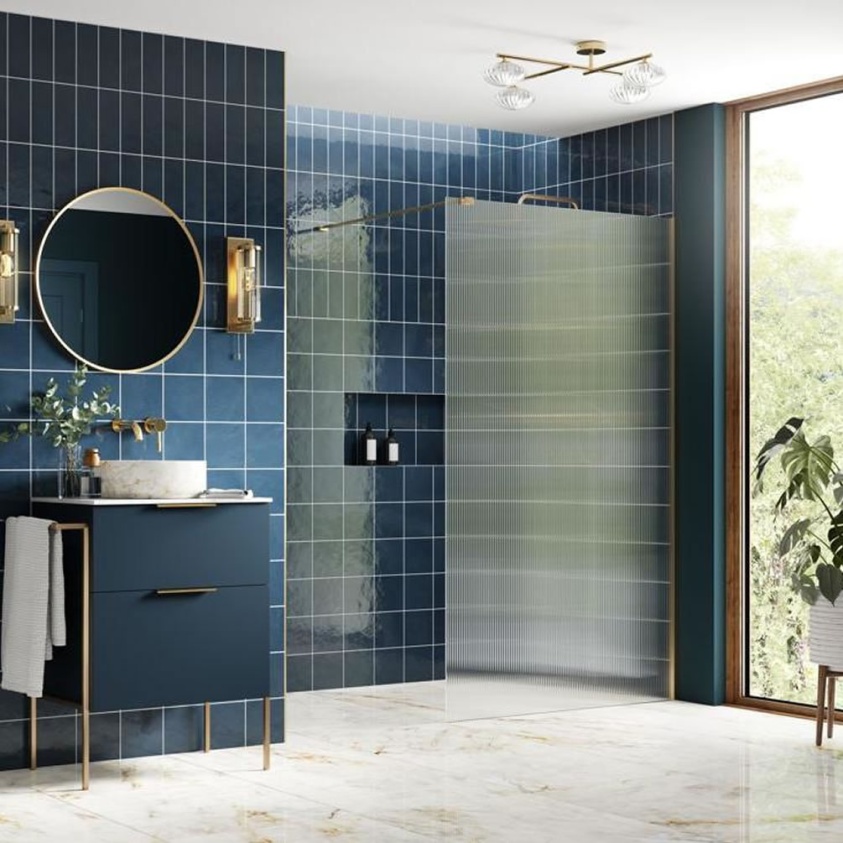 Apex 900mm Brushed Brass Fluted Glass 8mm Wetroom Screen